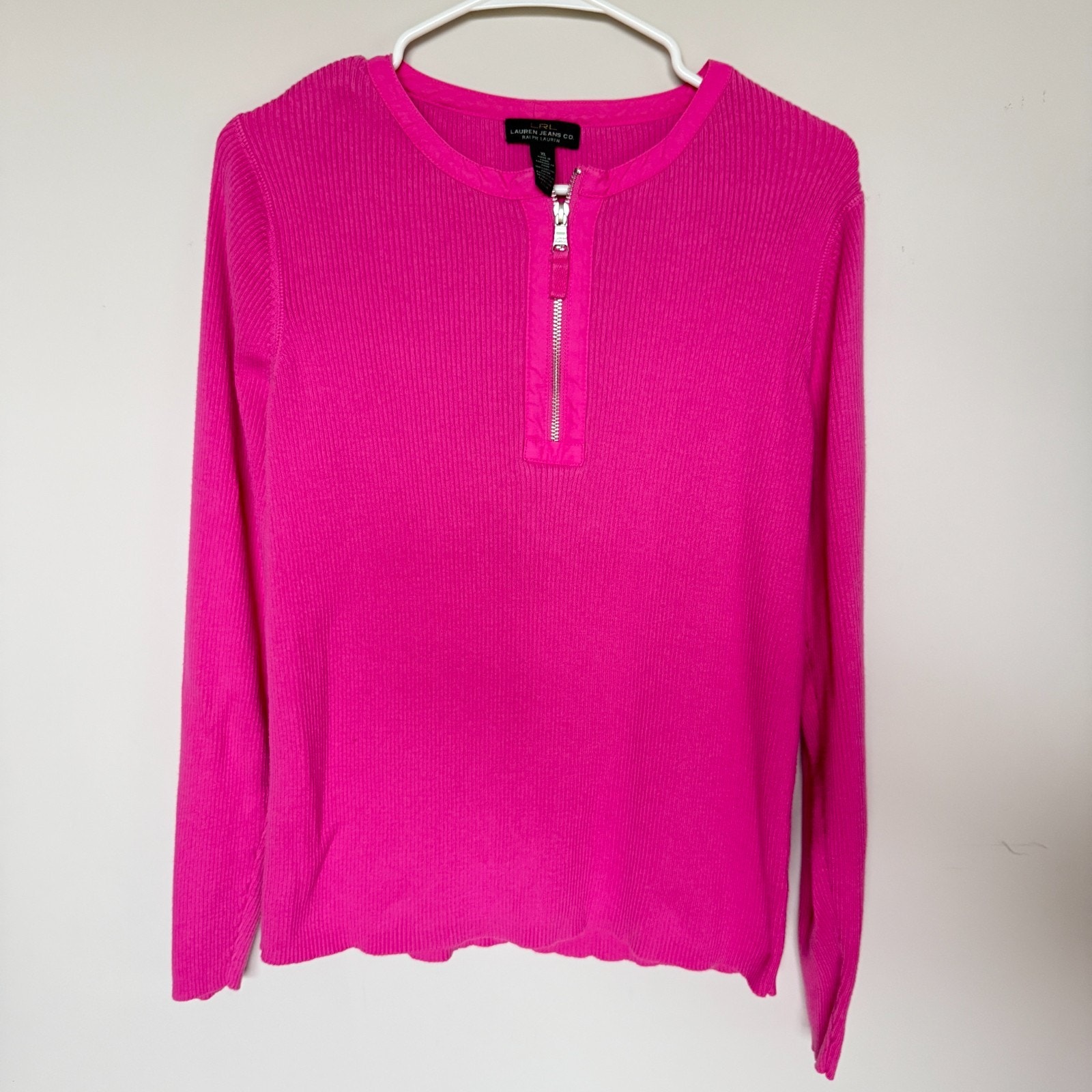 Lrl Ralph Lauren Jeans Co Top Womens Xl Pink 1/4 Zip Logo Vintage Ribbed Y2k